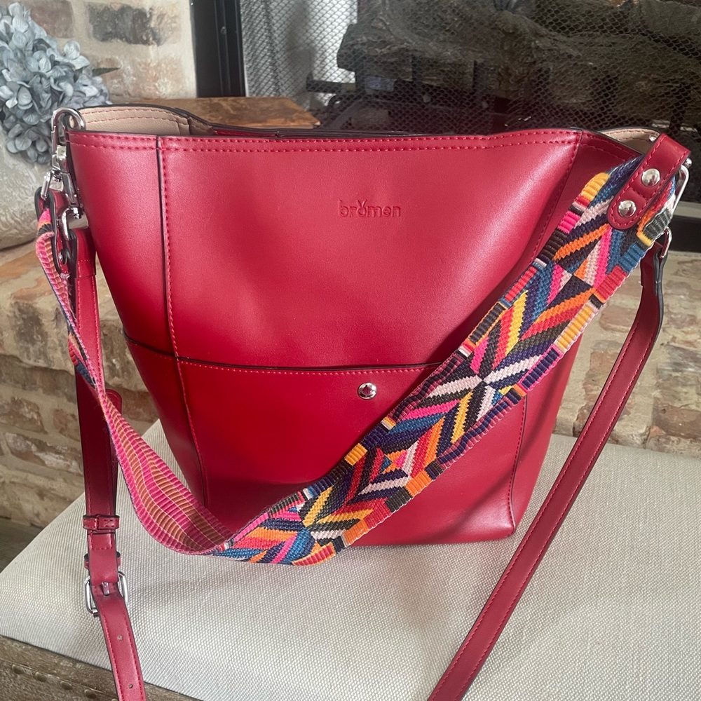 Bromen Red Purse with Colorful Strap